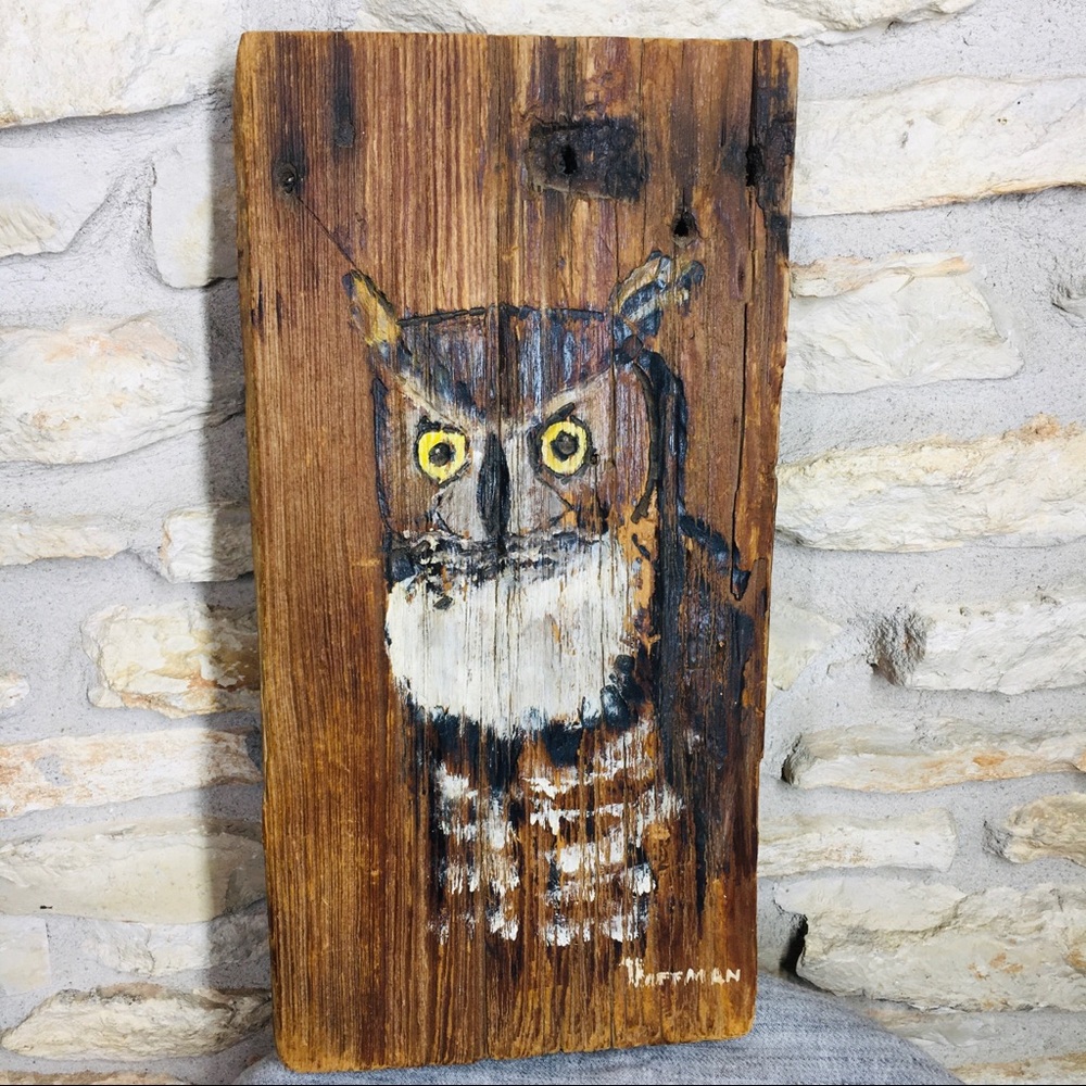 Vintage Farm House Wood Owl Painting One Of A Kind